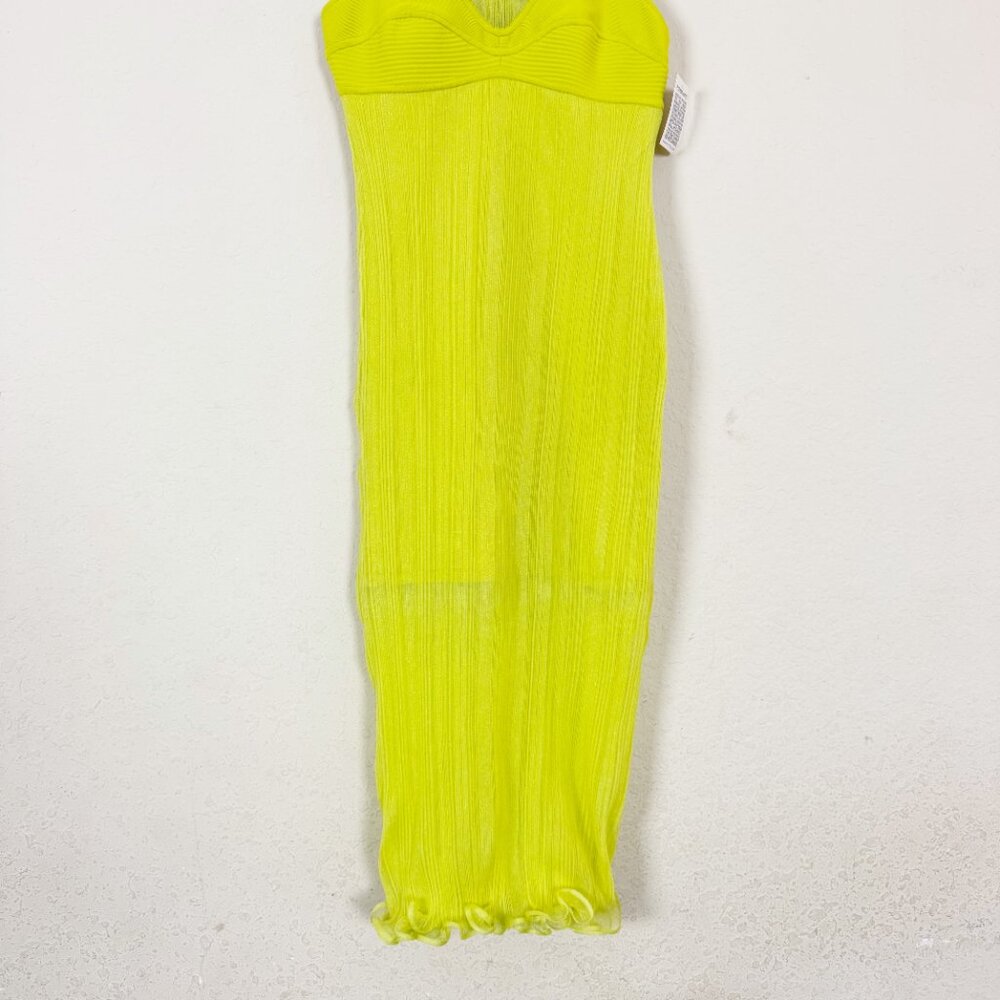 Herve Leger Layered Ribbed Tulle Stretch Knit Chartreuse Midi Dress Size Medium - Picture 4 of 8